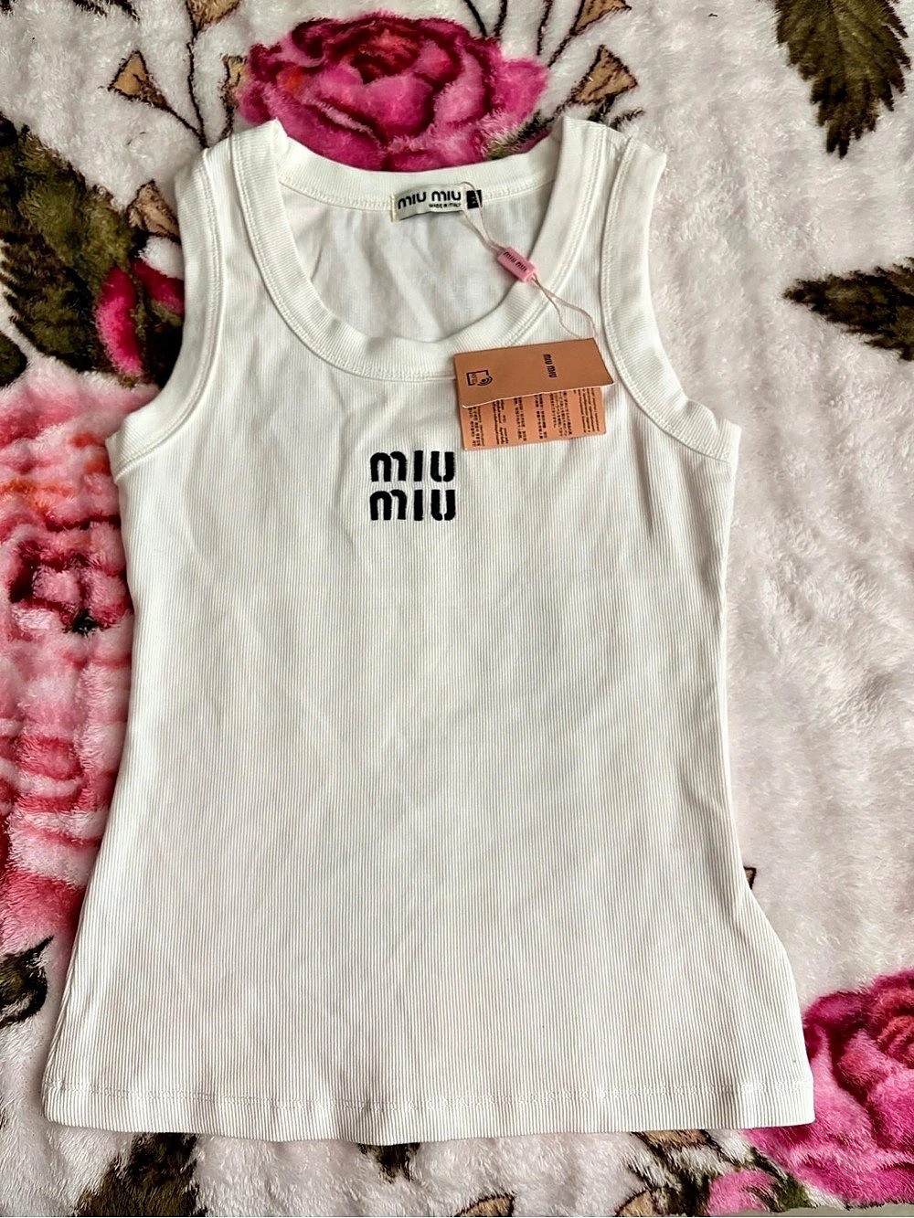 Miu Ribbed Jersey Tank Top with Logo White
